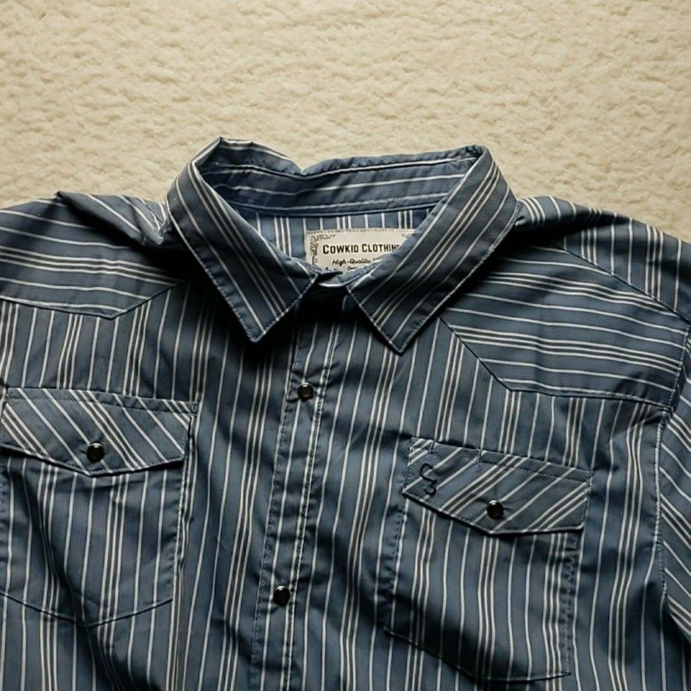 Cowkid Clothing Co Shirt Mens Large Blue Striped Short Sleeve Western Pockets